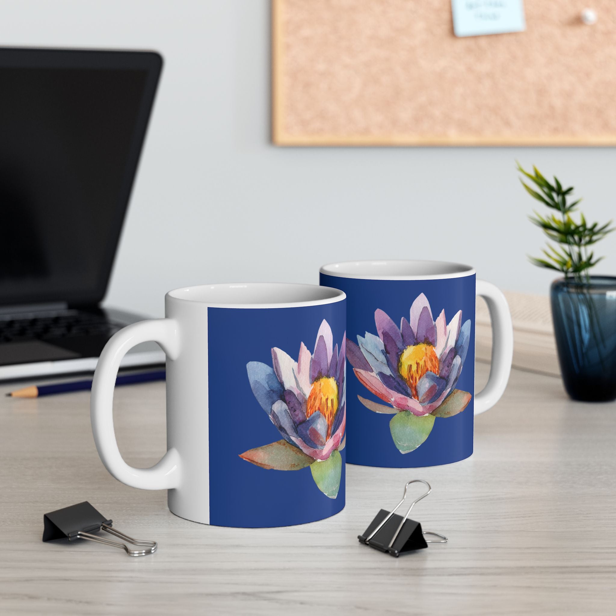 Blue Waterlily Floral Ceramic Mug — Waterlily Coffee Tea Cup (11oz, 15oz)