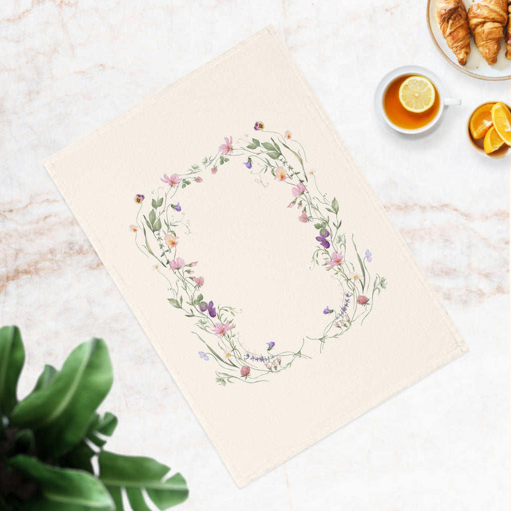 Floral Wreath Organic Cotton Tea Towel — Pastel Wildflower Kitchen Towel