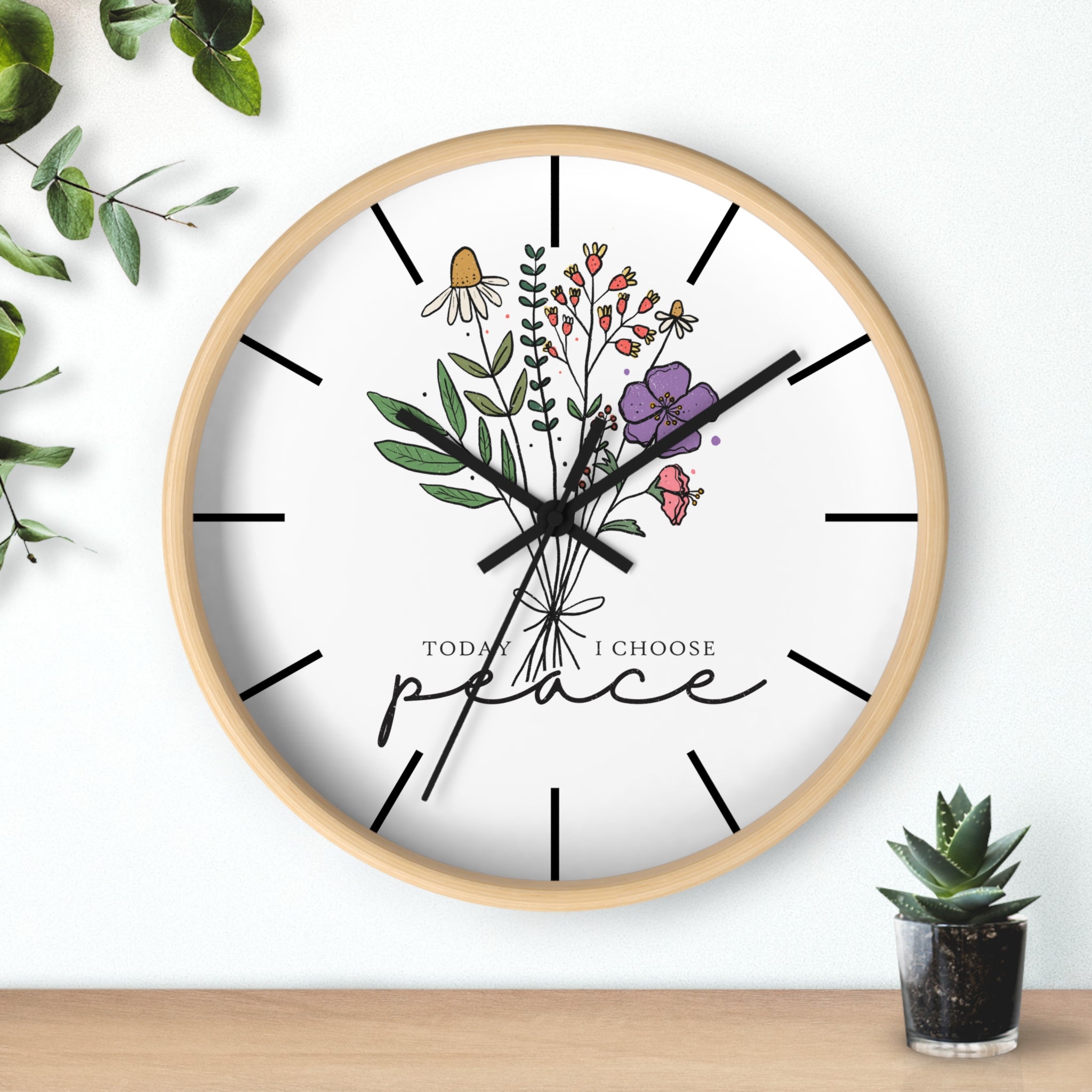 Floral "Today I Choose Peace" Wooden Wall Clock