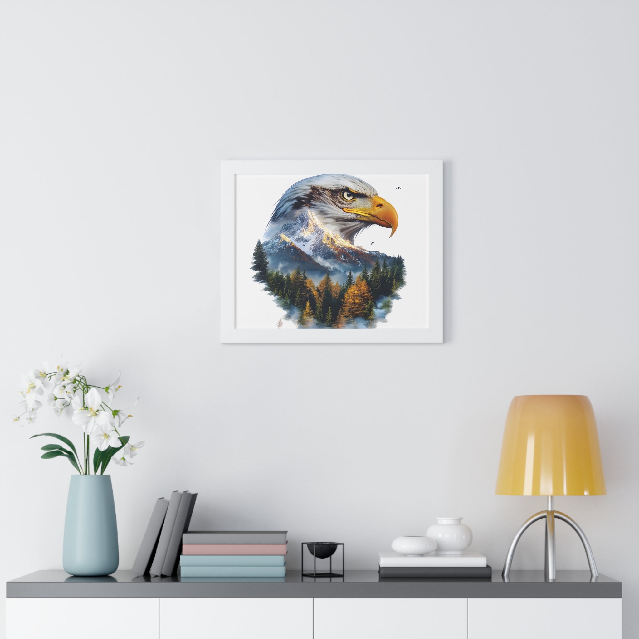 Bald Eagle Double Exposure Woodland Framed Poster Wall Art