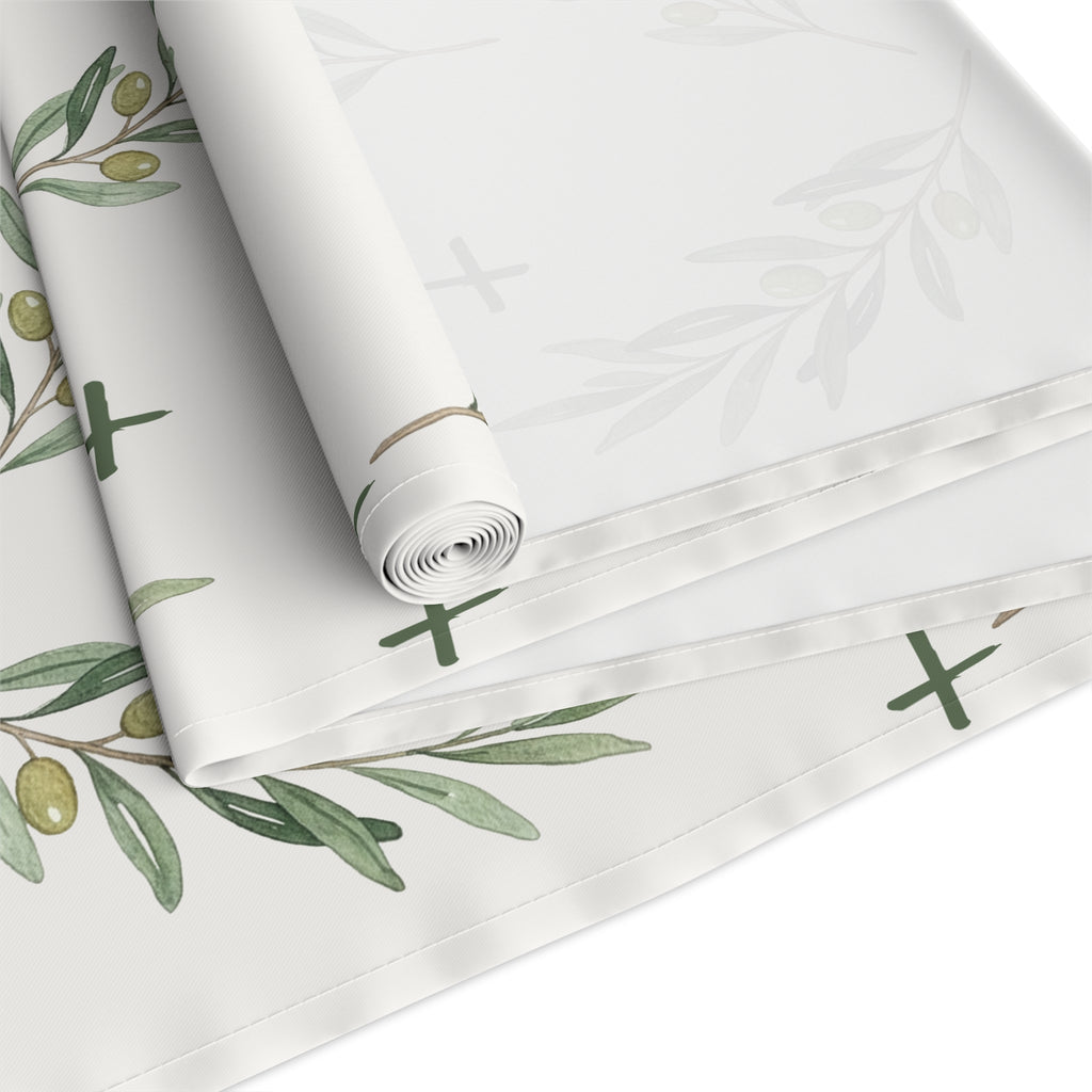 Olive Branch Cotton-Poly Table Runner — Rustic Mediterranean Dining Decor