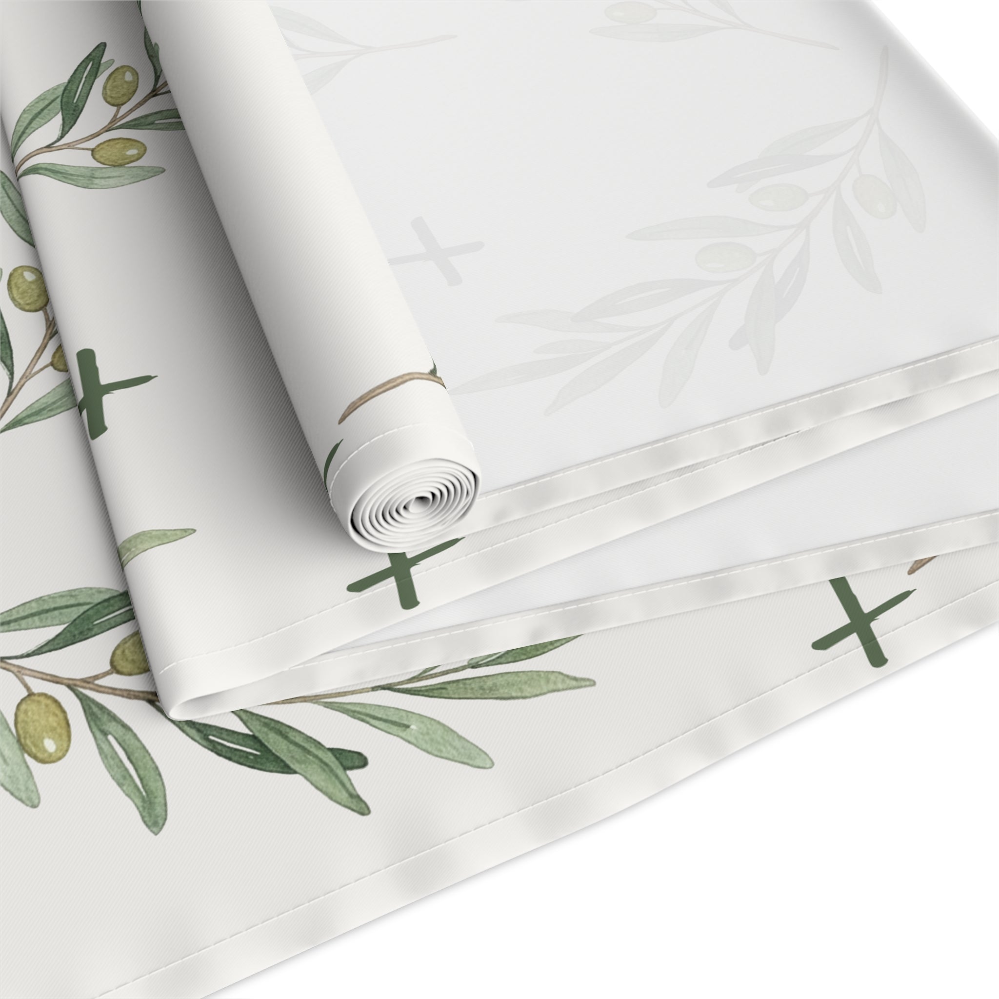 Olive Branch Cotton-Poly Table Runner — Rustic Mediterranean Dining Decor