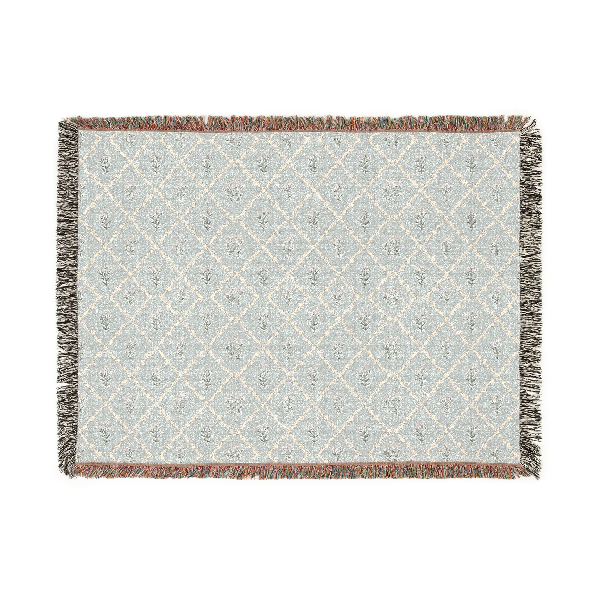 Woven Throw Blanket — Reversible Boho Diamond & Floral Pattern with Fringe