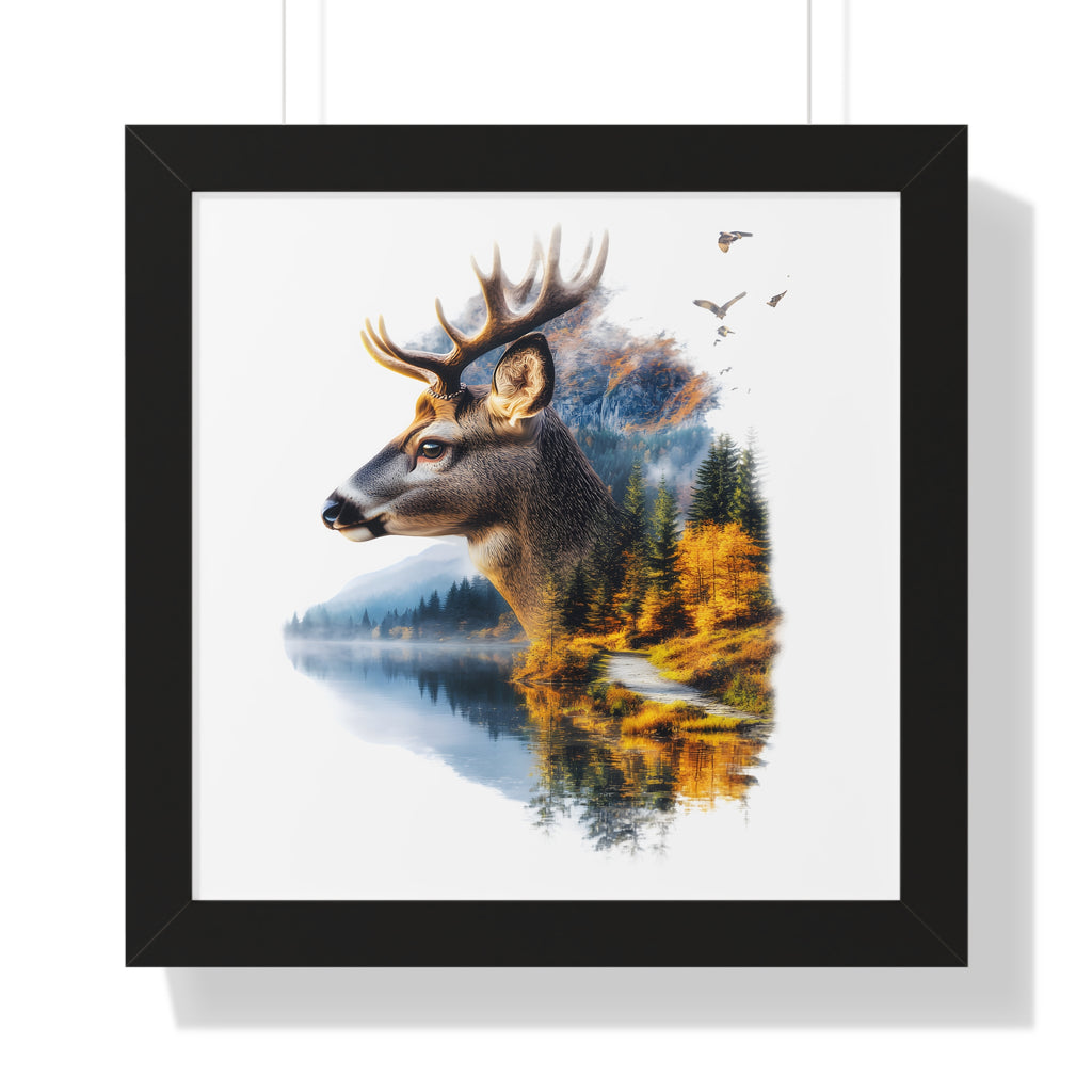 Double Exposure Deer & Forest Framed Poster — Wildlife Wall Art