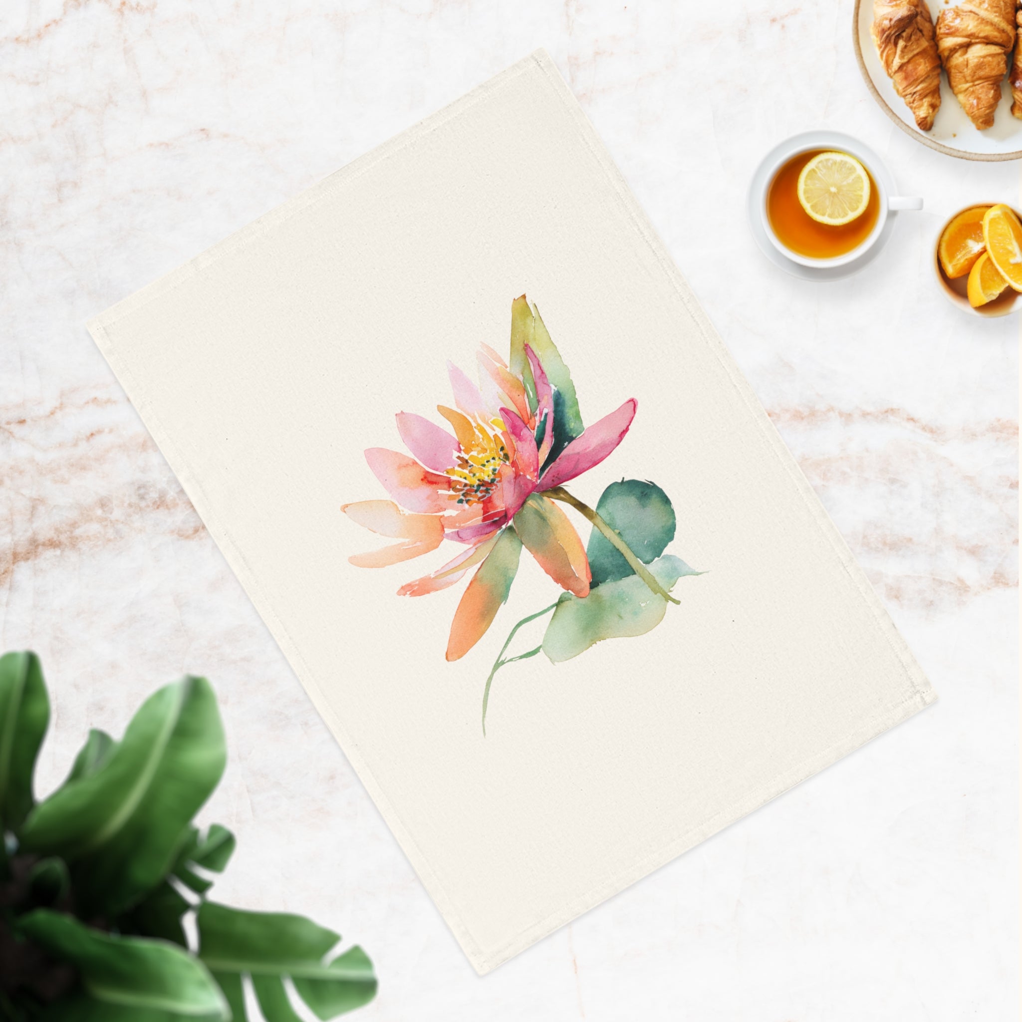 Watercolor Lotus Cotton Tea Towel — Floral Kitchen Decor, Botanical Gift