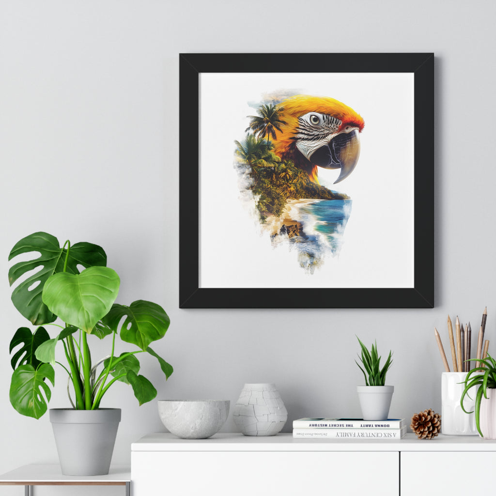 Framed Poster — Double Exposure Parrot & Tropical Island Print