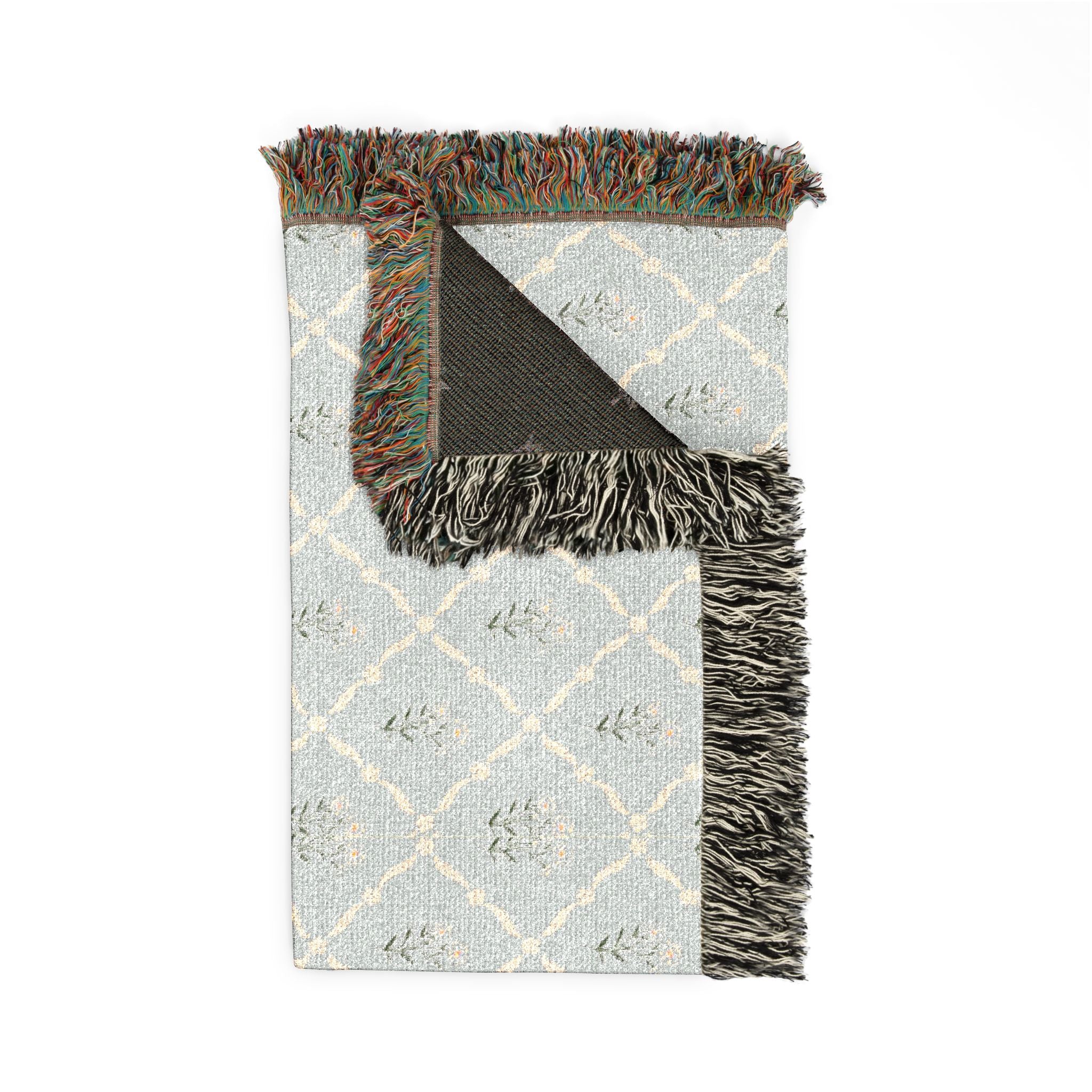 Woven Throw Blanket — Reversible Boho Diamond & Floral Pattern with Fringe