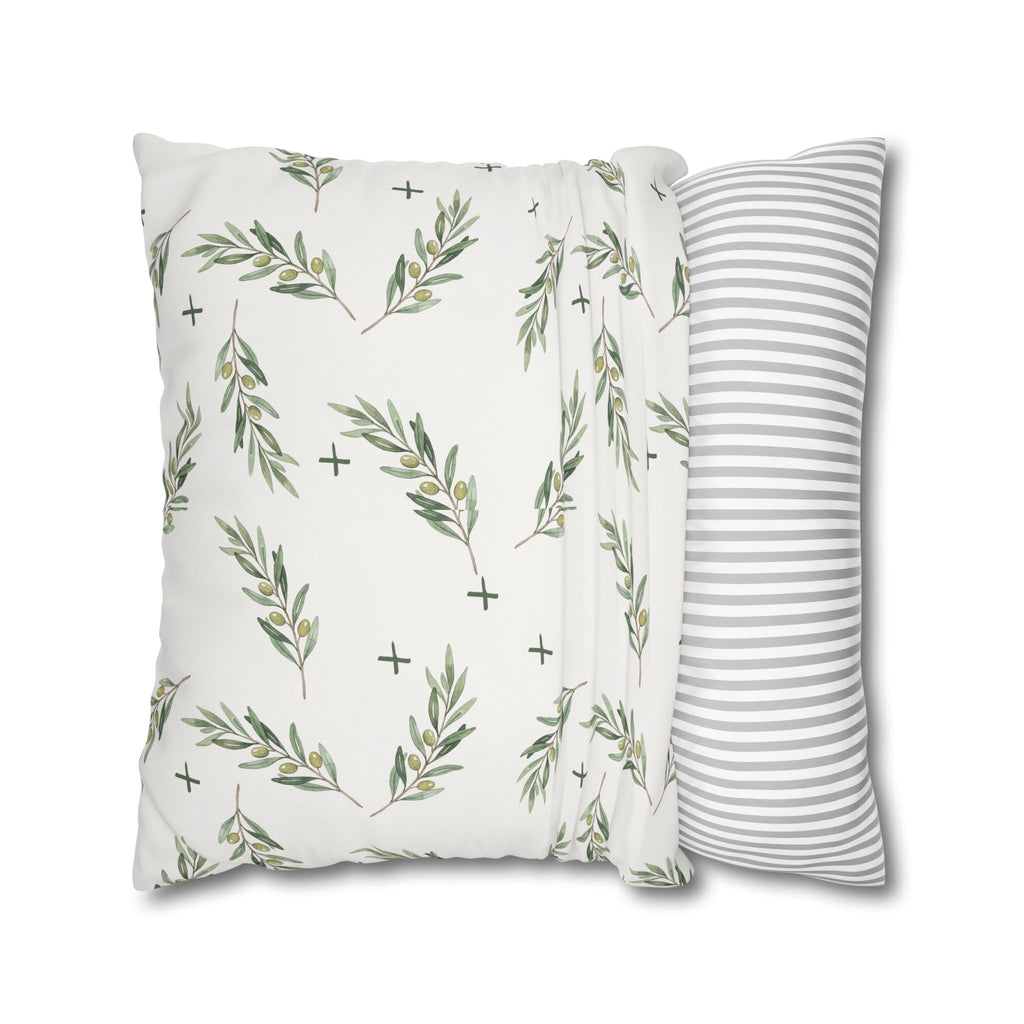 Botanical Olive Branch Square Pillowcase — Neutral Green Leaf Throw Pillow Cover