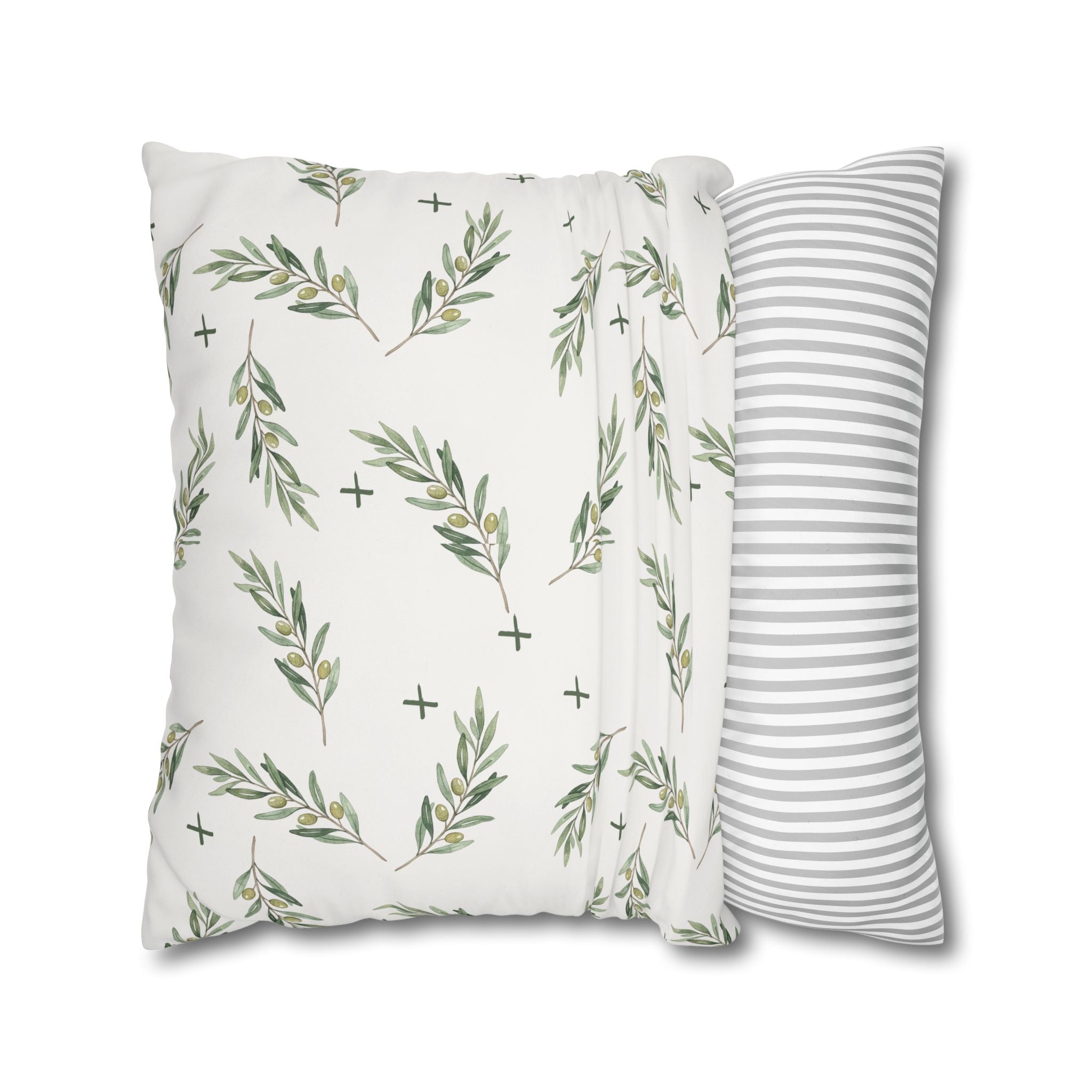 Botanical Olive Branch Square Pillowcase — Neutral Green Leaf Throw Pillow Cover