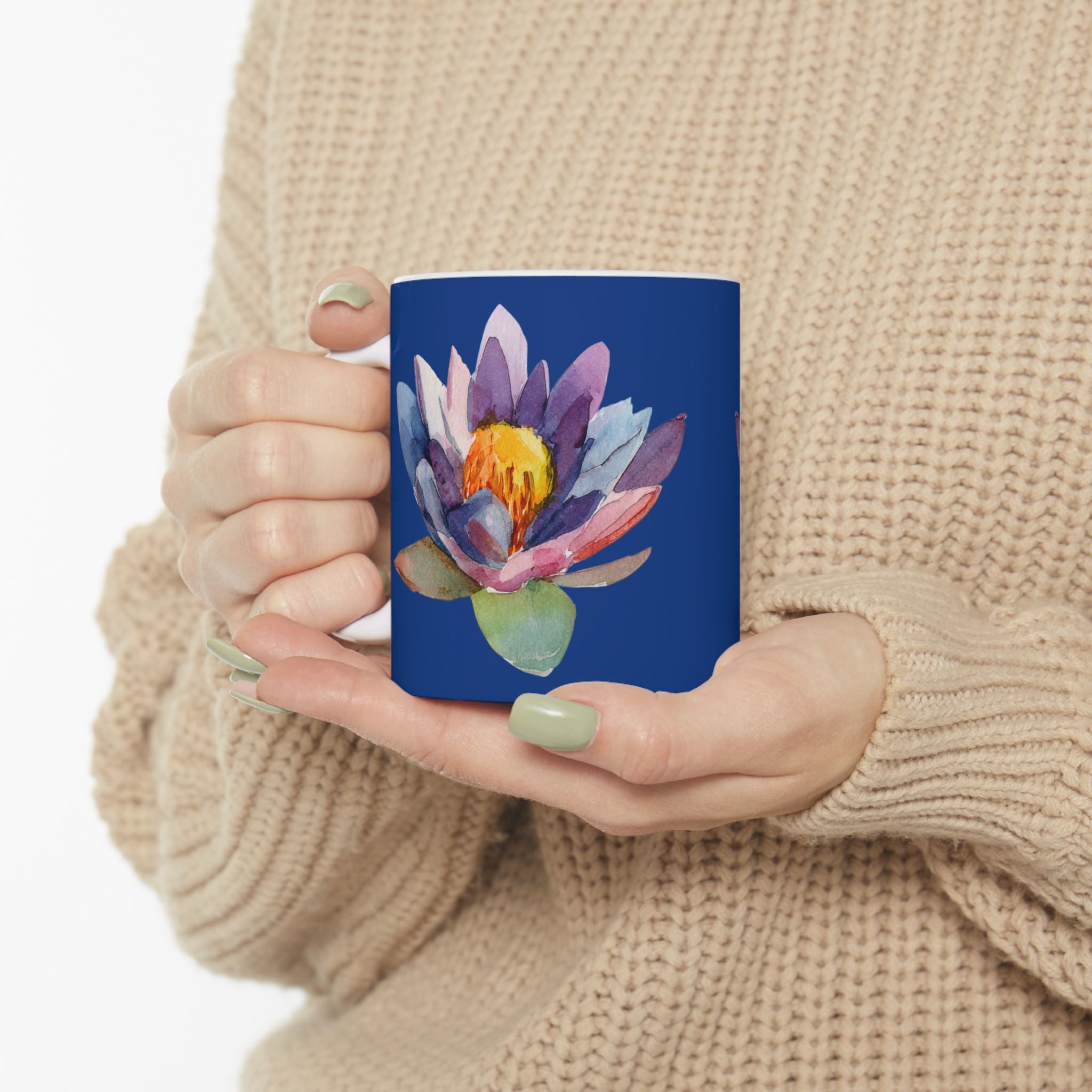 Blue Waterlily Floral Ceramic Mug — Waterlily Coffee Tea Cup (11oz, 15oz)