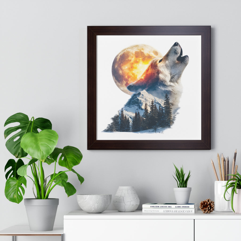 Howling Wolf & Full Moon Framed Poster — Double Exposure Wildlife Print