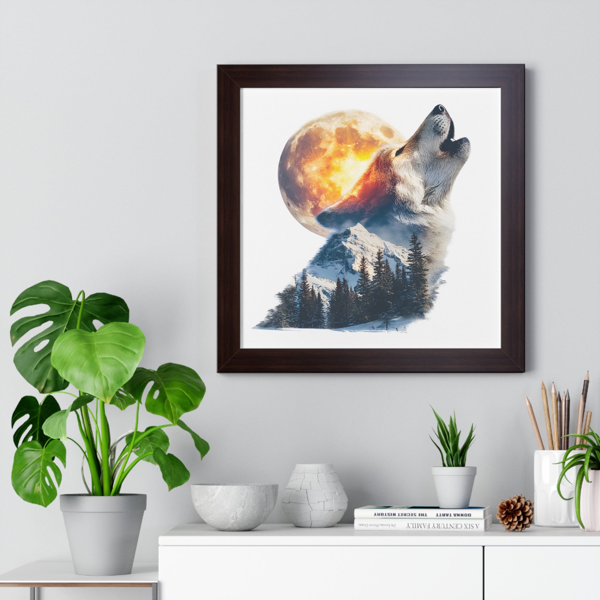 Howling Wolf & Full Moon Framed Poster — Double Exposure Wildlife Print