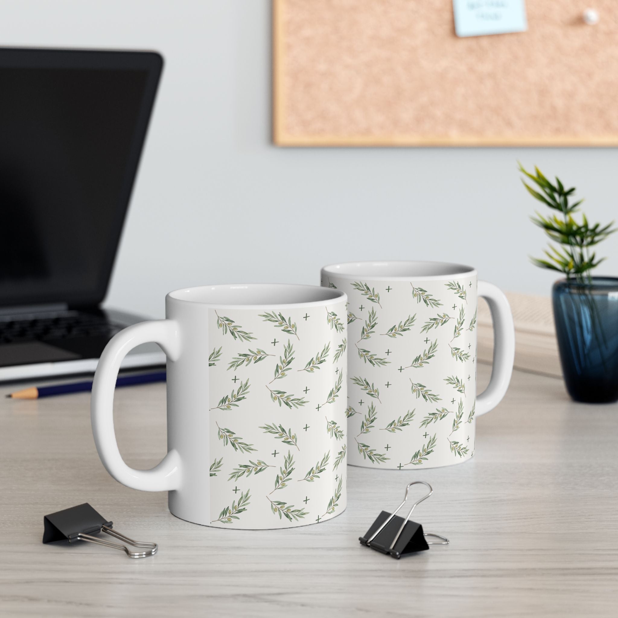 Olive Leaf Pattern Ceramic Mug — 11oz & 15oz Coffee Cup