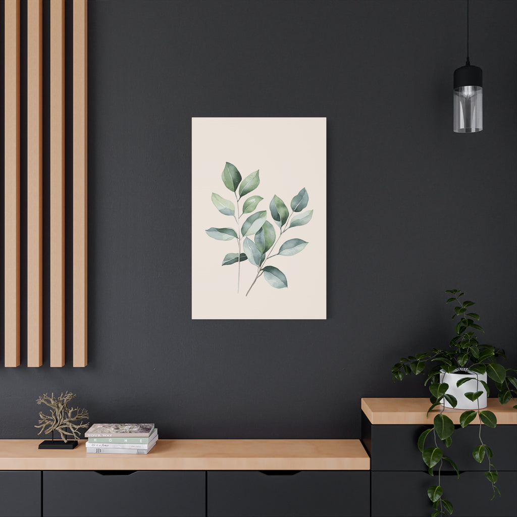 Botanical Watercolor Canvas Print — Sage Green Leaf Wall Art (Matte Stretched)