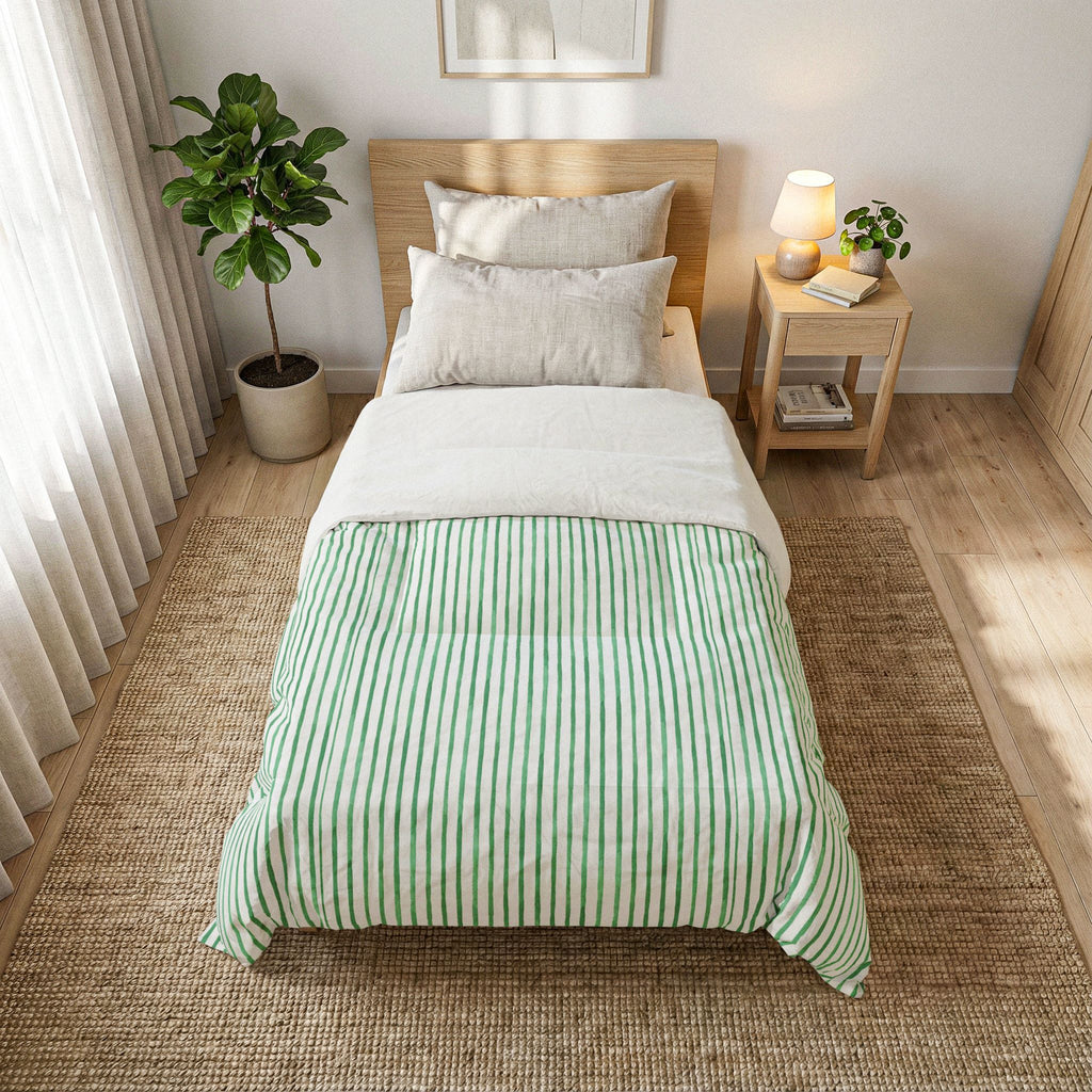 Mint Green Striped Cotton Comforter — Lightweight Quilted Bedspread