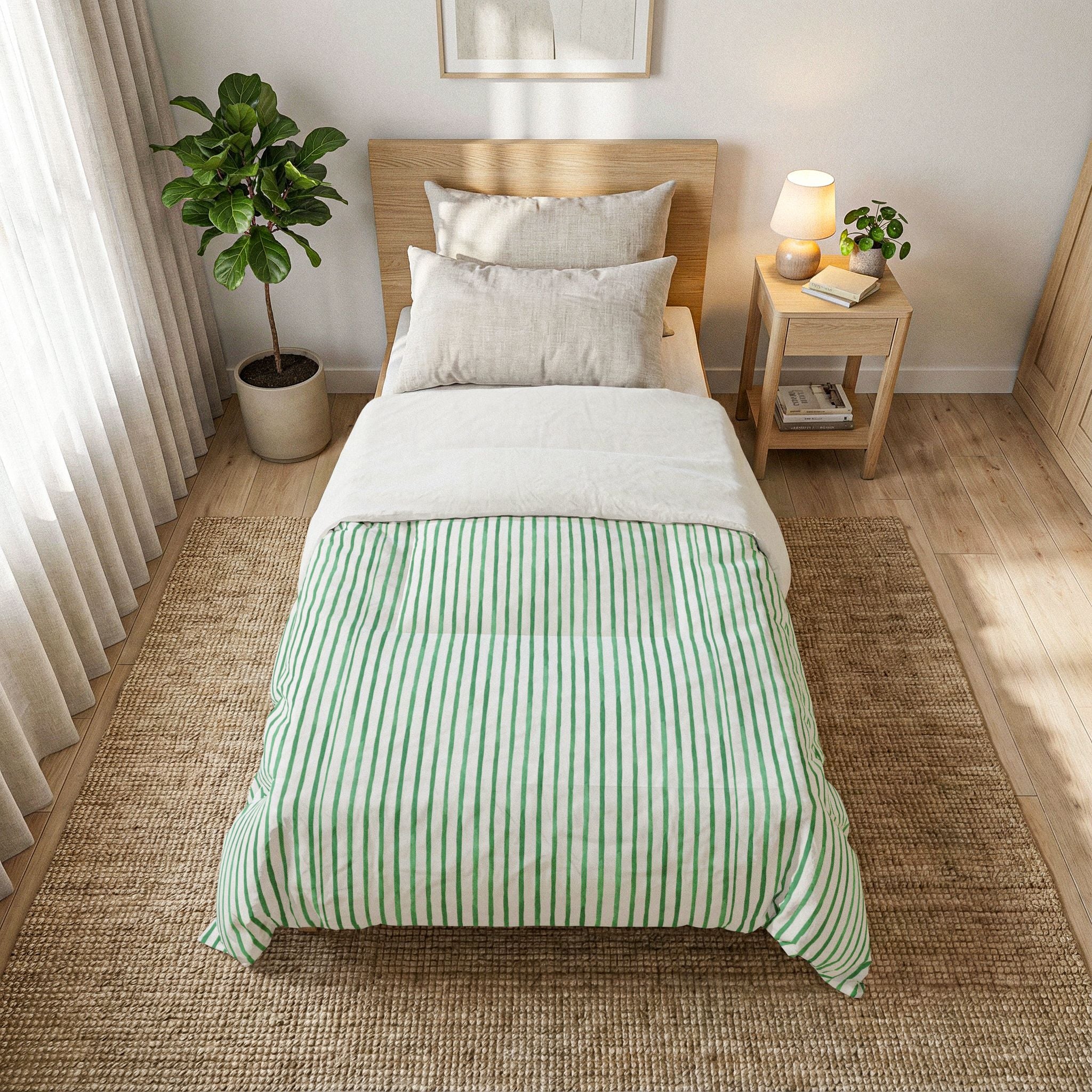 Mint Green Striped Cotton Comforter — Lightweight Quilted Bedspread