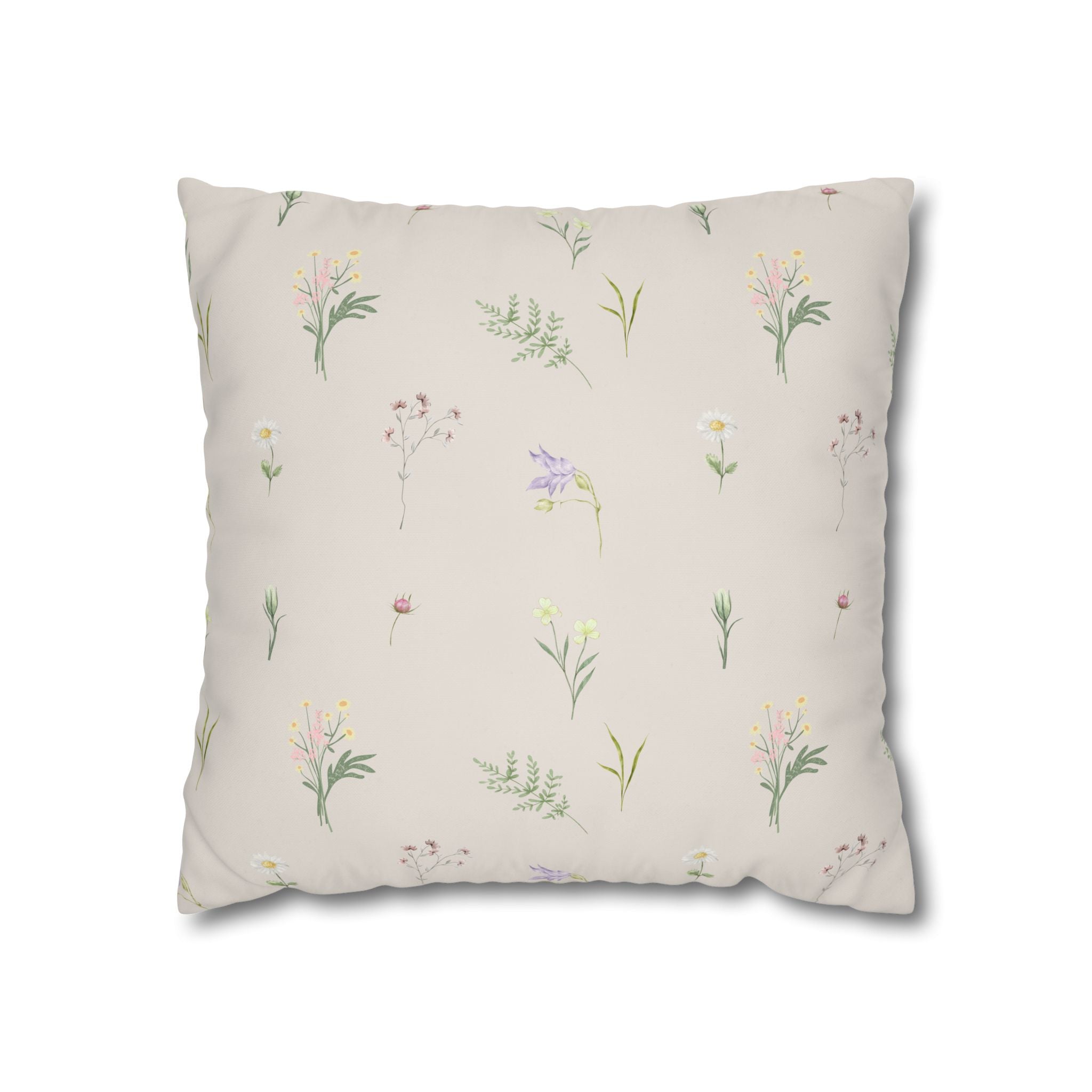 Cottage Wildflowers Square Poly Canvas Pillowcase — Floral Country Throw Pillow