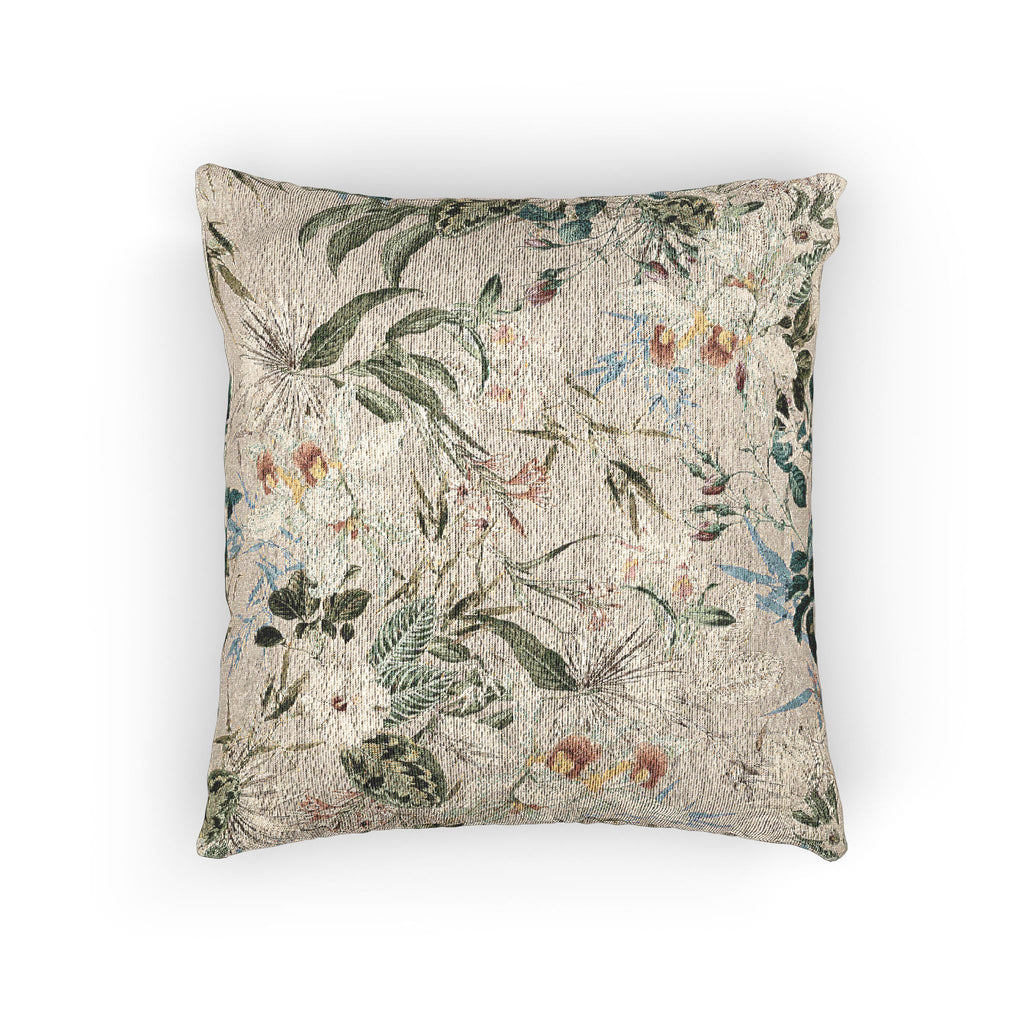 Botanical Woven Pillow — Vintage Floral Green Leaf Motif Decorative Cushion