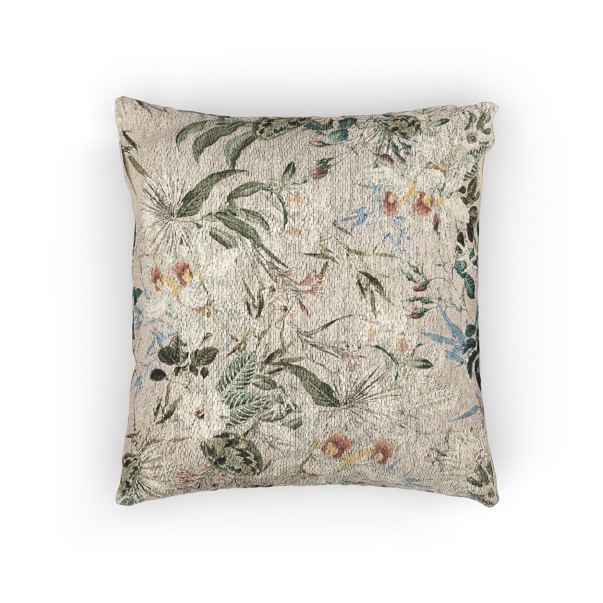 Botanical Woven Pillow — Vintage Floral Green Leaf Motif Decorative Cushion