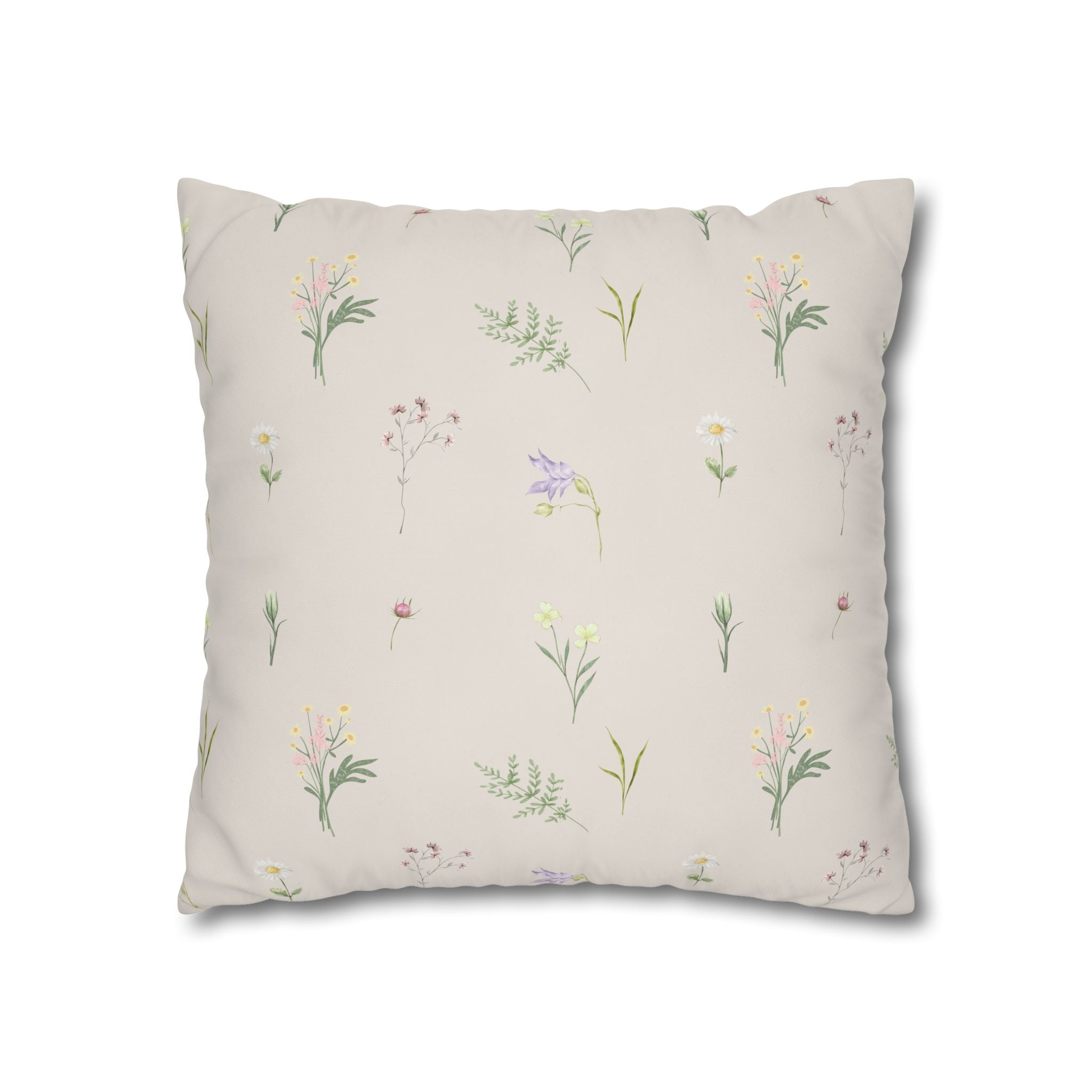 Cottage Wildflowers Square Poly Canvas Pillowcase — Floral Country Throw Pillow