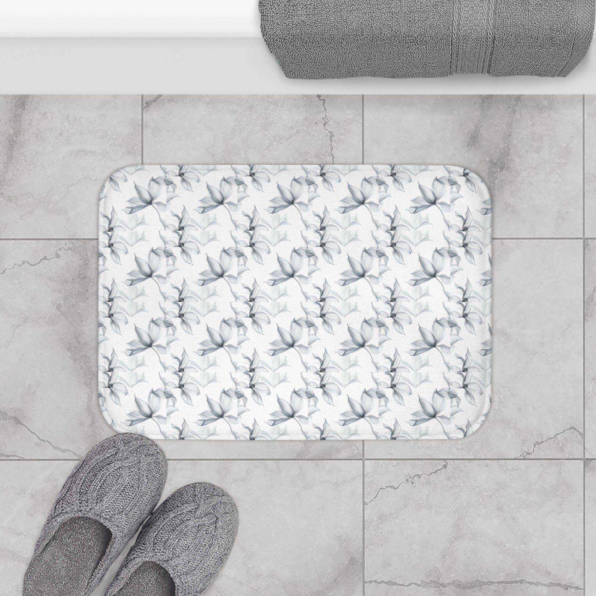 Floral Gray Bath Mat — Soft Watercolor Orchid Pattern for Bathroom Decor