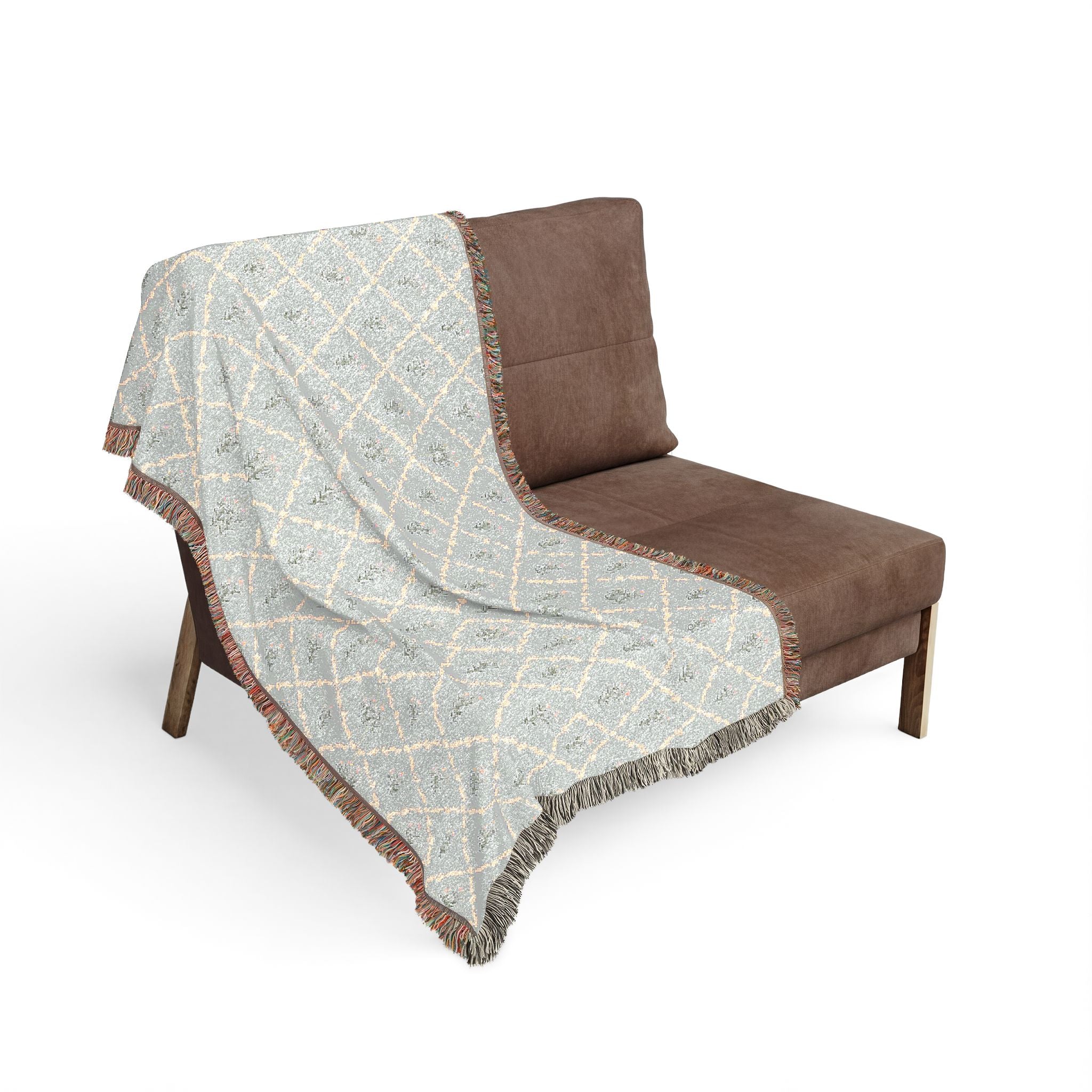 Woven Throw Blanket — Reversible Boho Diamond & Floral Pattern with Fringe