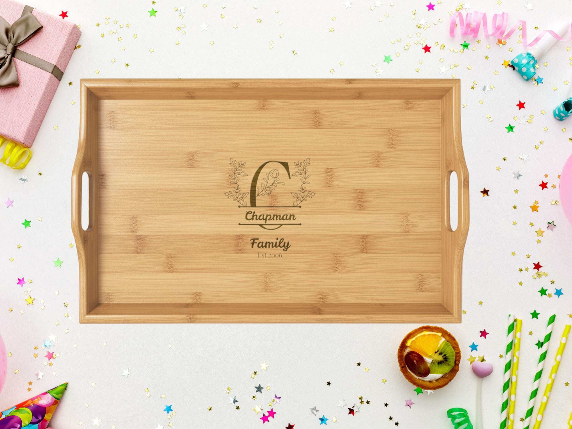 Personalized Engraved Bamboo Serving Tray -  Family Monogram