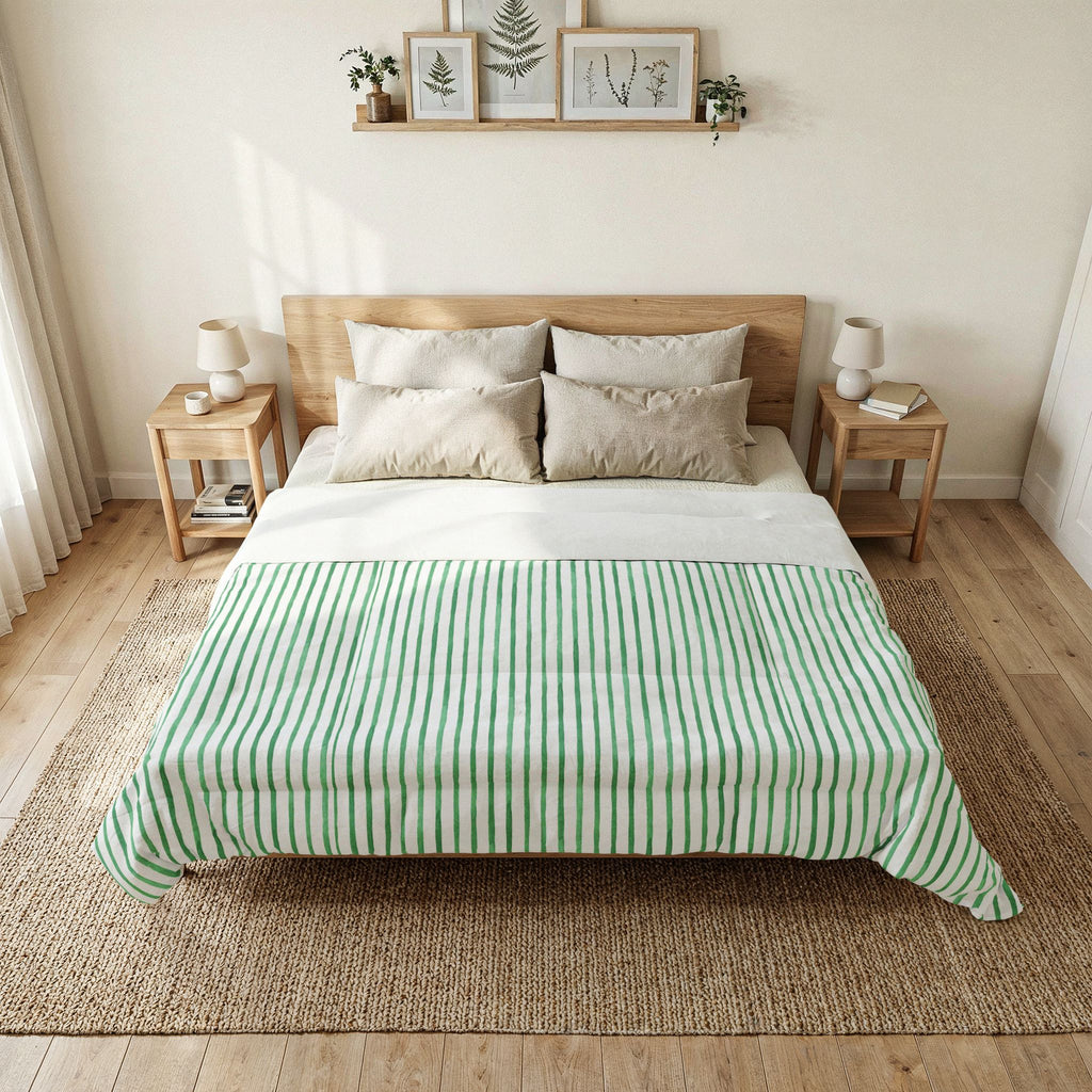Mint Green Striped Cotton Comforter — Lightweight Quilted Bedspread