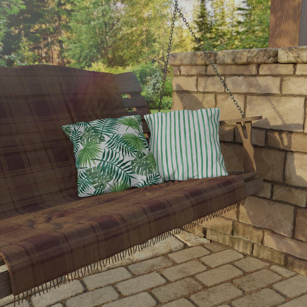 Tropical Palm Print Outdoor Pillow – Green Leaf & Striped Patio Cushion