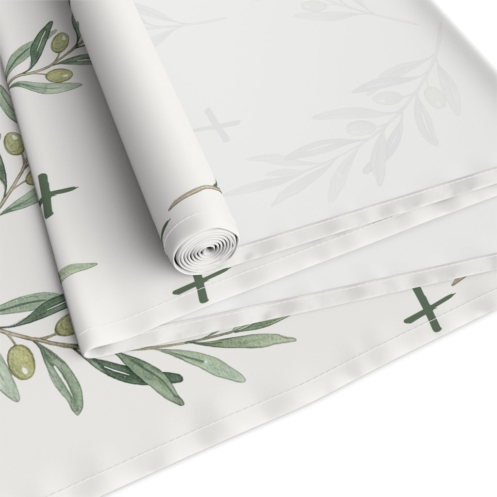 Olive Branch Cotton-Poly Table Runner — Rustic Mediterranean Dining Decor