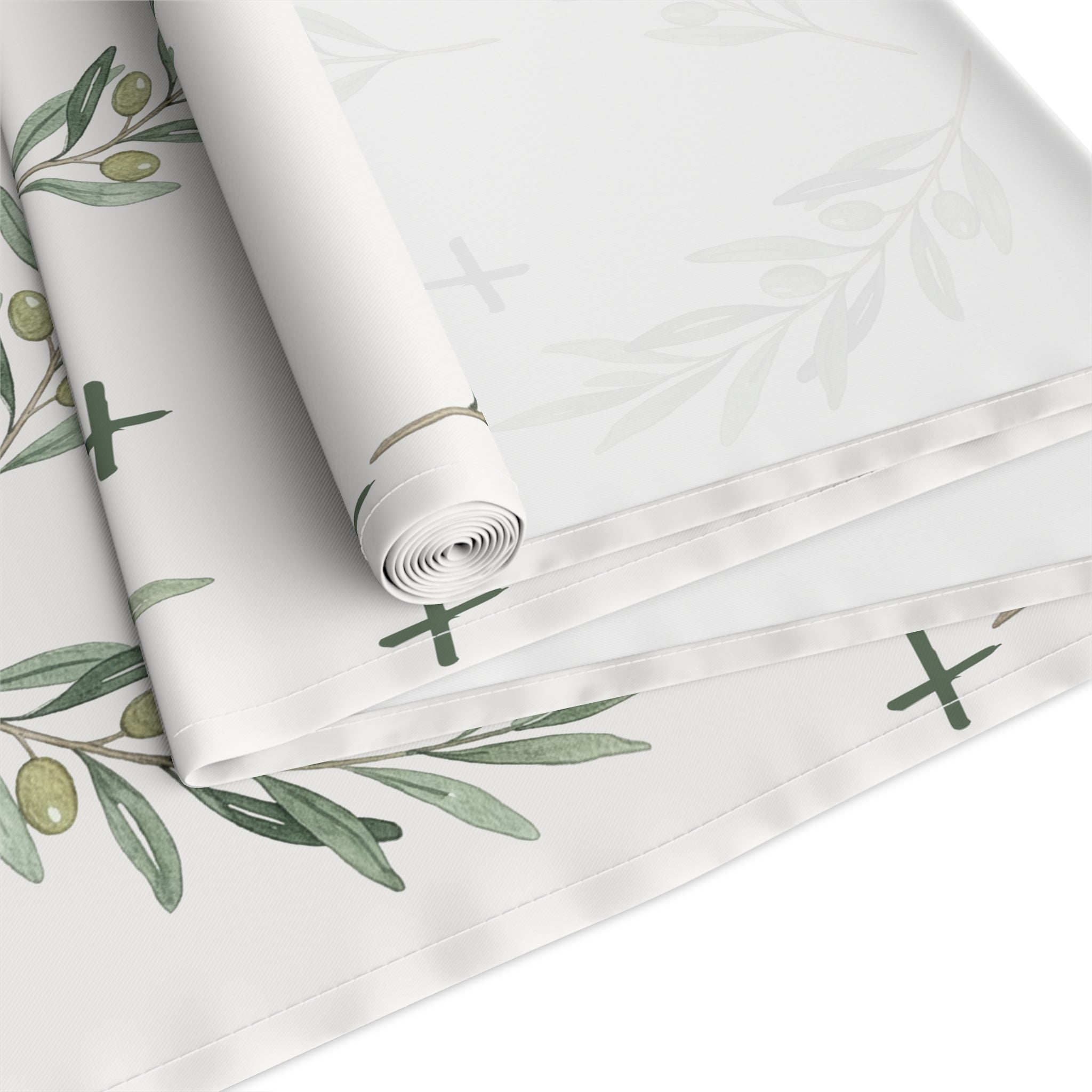 Olive Branch Cotton-Poly Table Runner — Rustic Mediterranean Dining Decor