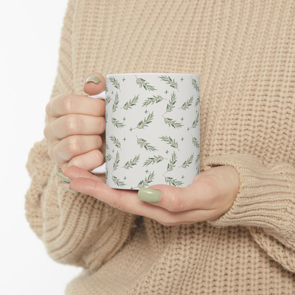 Olive Leaf Pattern Ceramic Mug — 11oz & 15oz Coffee Cup