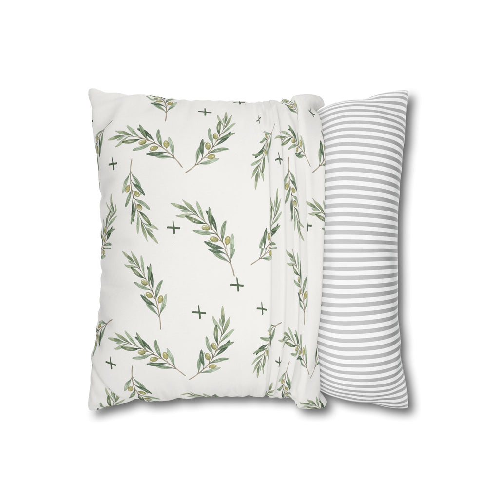 Botanical Olive Branch Square Pillowcase — Neutral Green Leaf Throw Pillow Cover