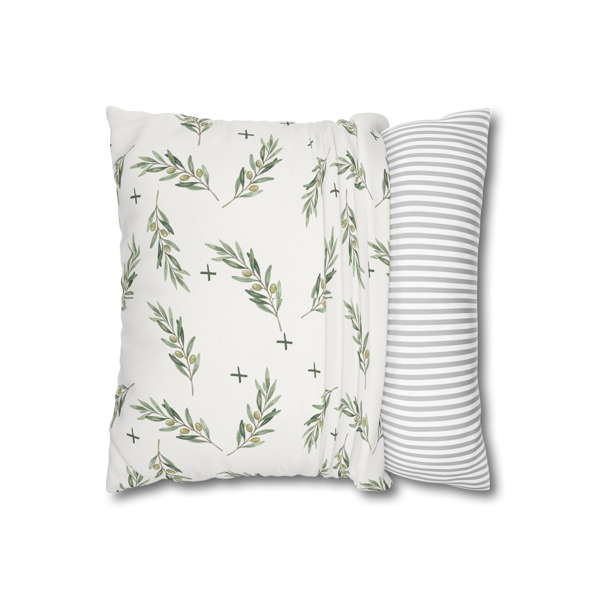 Botanical Olive Branch Square Pillowcase — Neutral Green Leaf Throw Pillow Cover