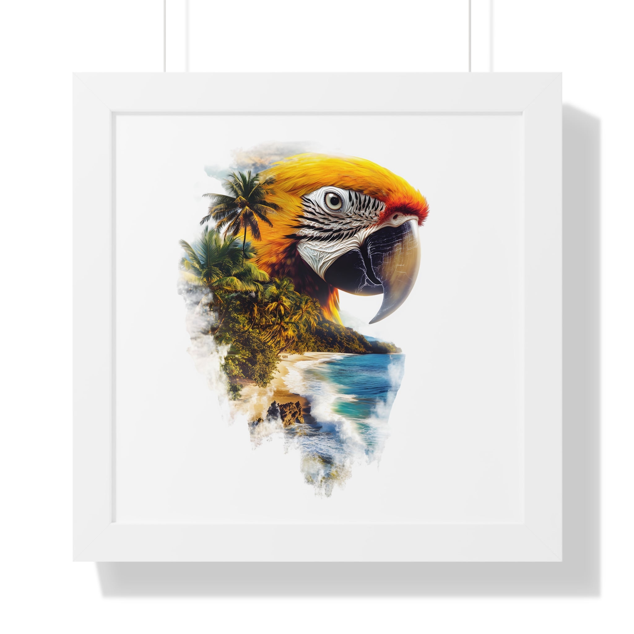 Framed Poster — Double Exposure Parrot & Tropical Island Print