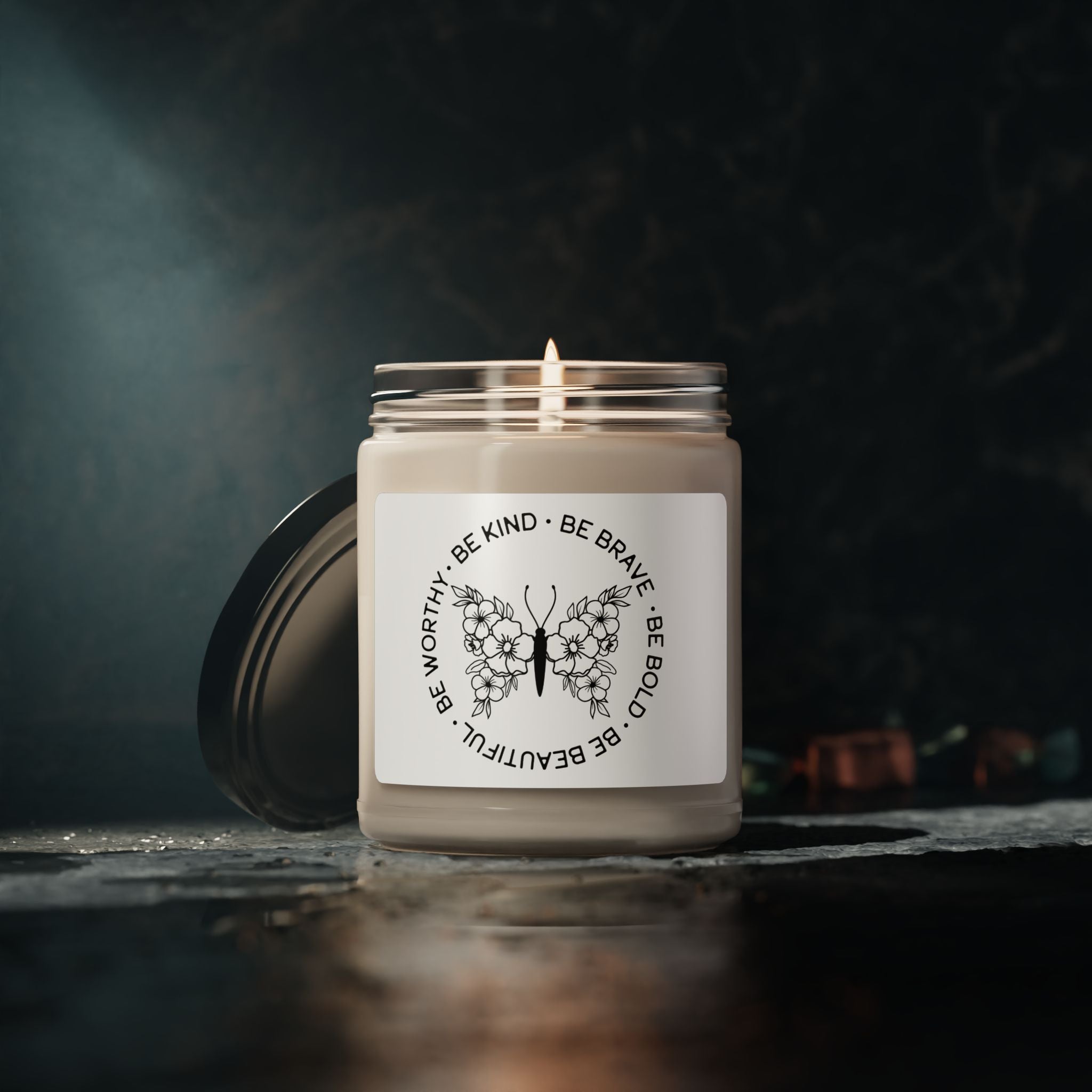 Inspirational Butterfly Soy Candle — 9oz Scented Jar (Be Kind • Be Brave • Be Bold • Be Worthy)