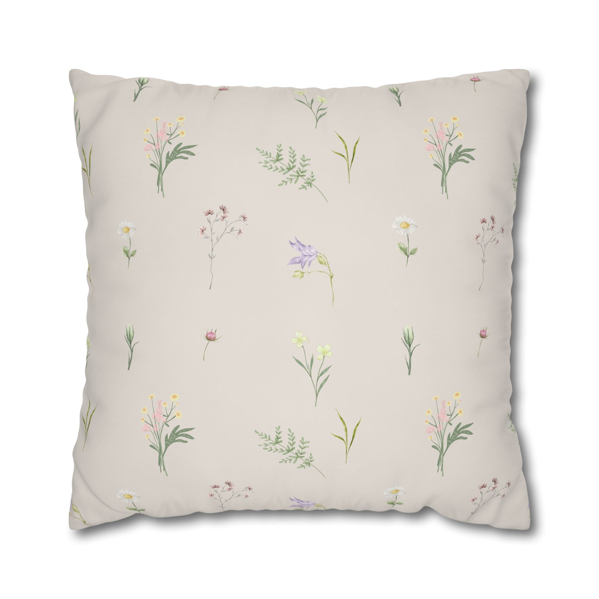 Cottage Wildflowers Square Poly Canvas Pillowcase — Floral Country Throw Pillow