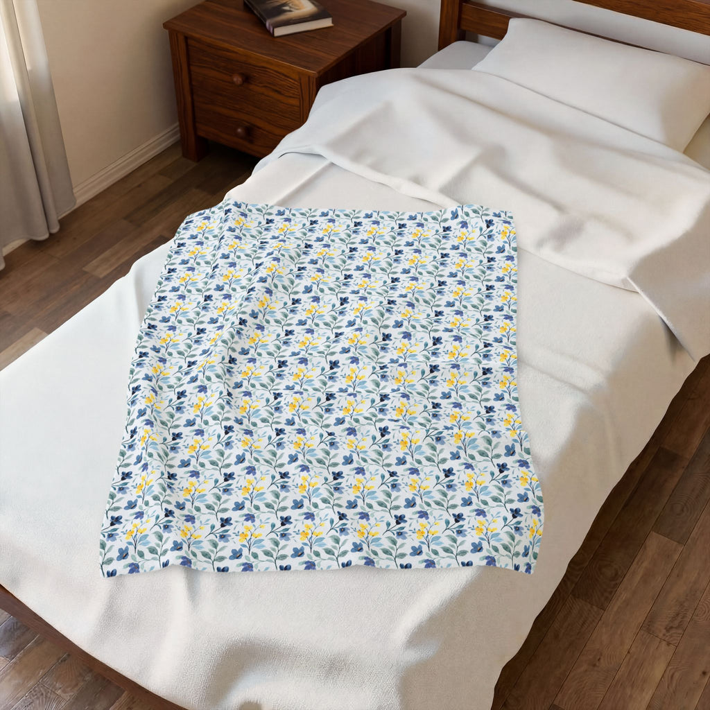 Floral Velveteen Plush Blanket — Blue & Yellow Botanical Throw