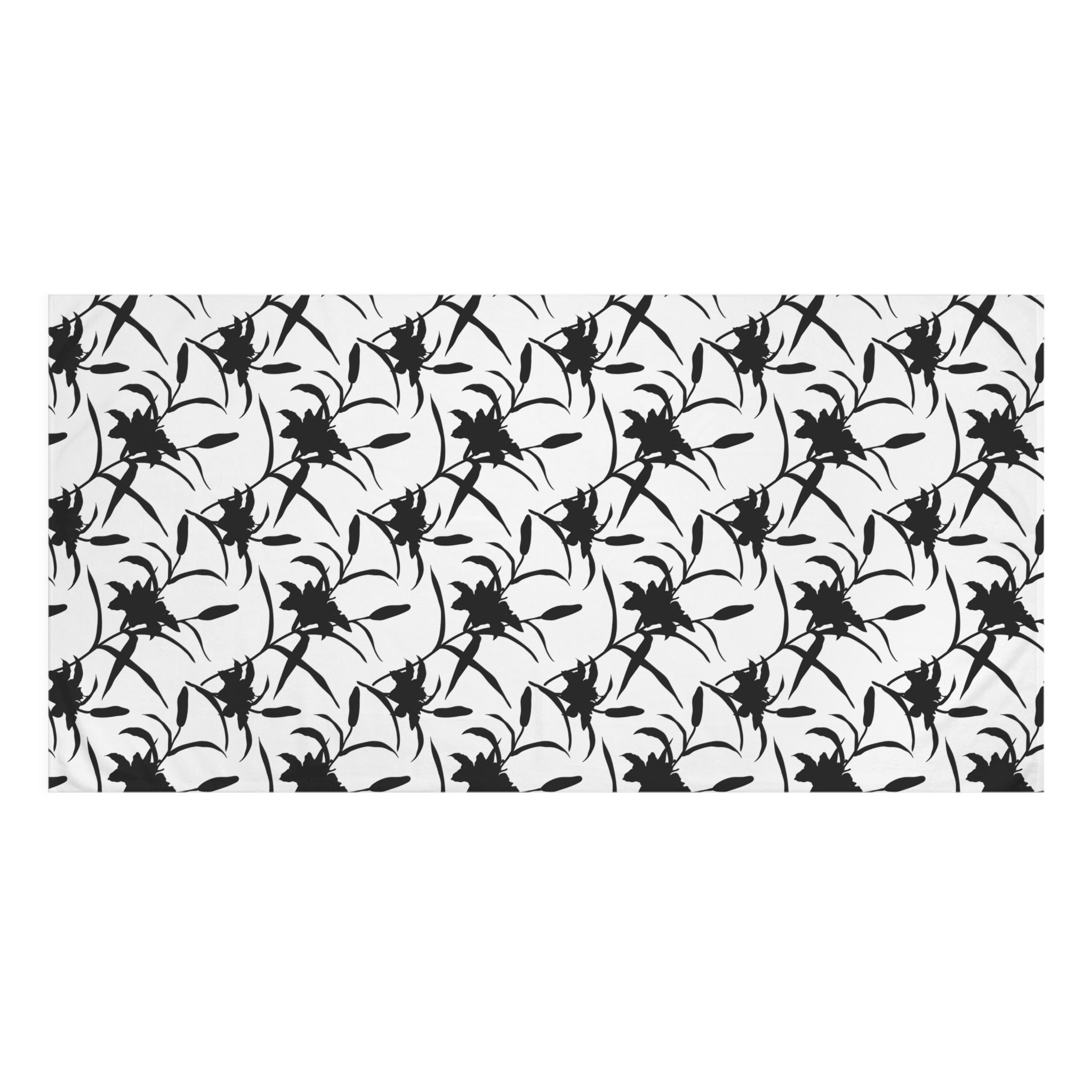 Black Floral Pattern Cotton Towel — Monochrome Botanical Beach & Bath Towel