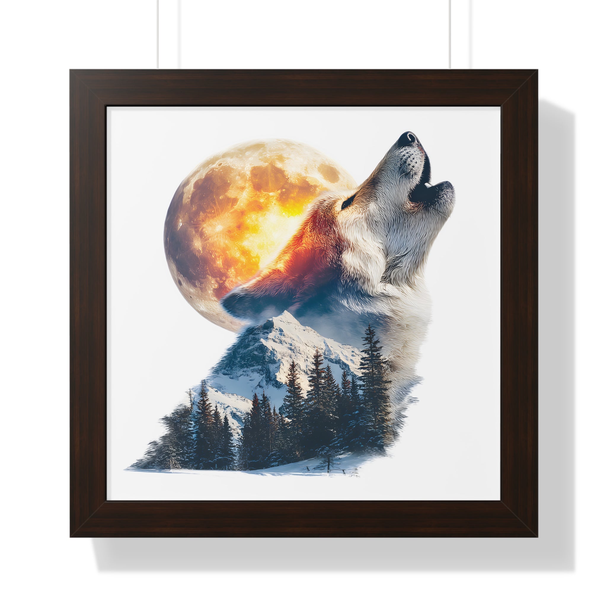 Howling Wolf & Full Moon Framed Poster — Double Exposure Wildlife Print