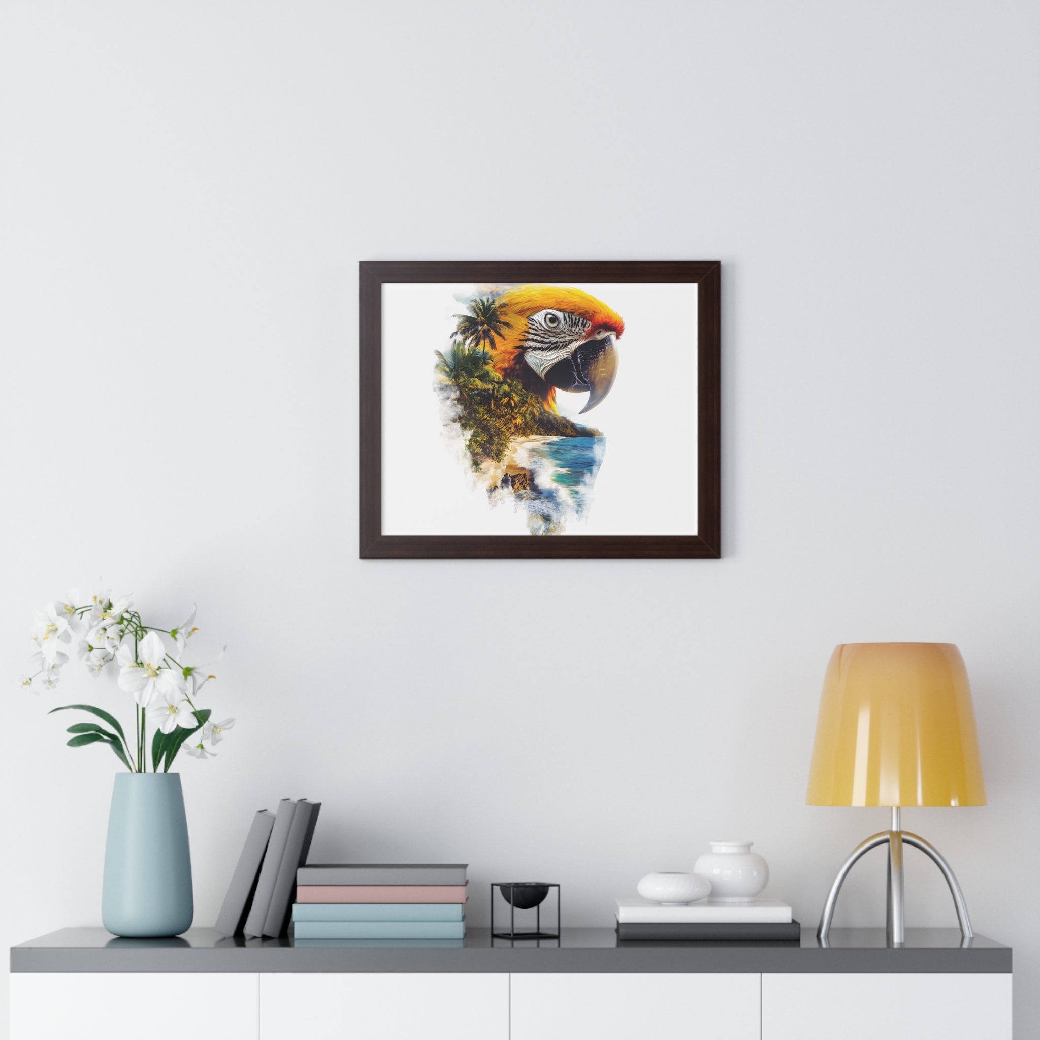 Framed Poster — Double Exposure Parrot & Tropical Island Print