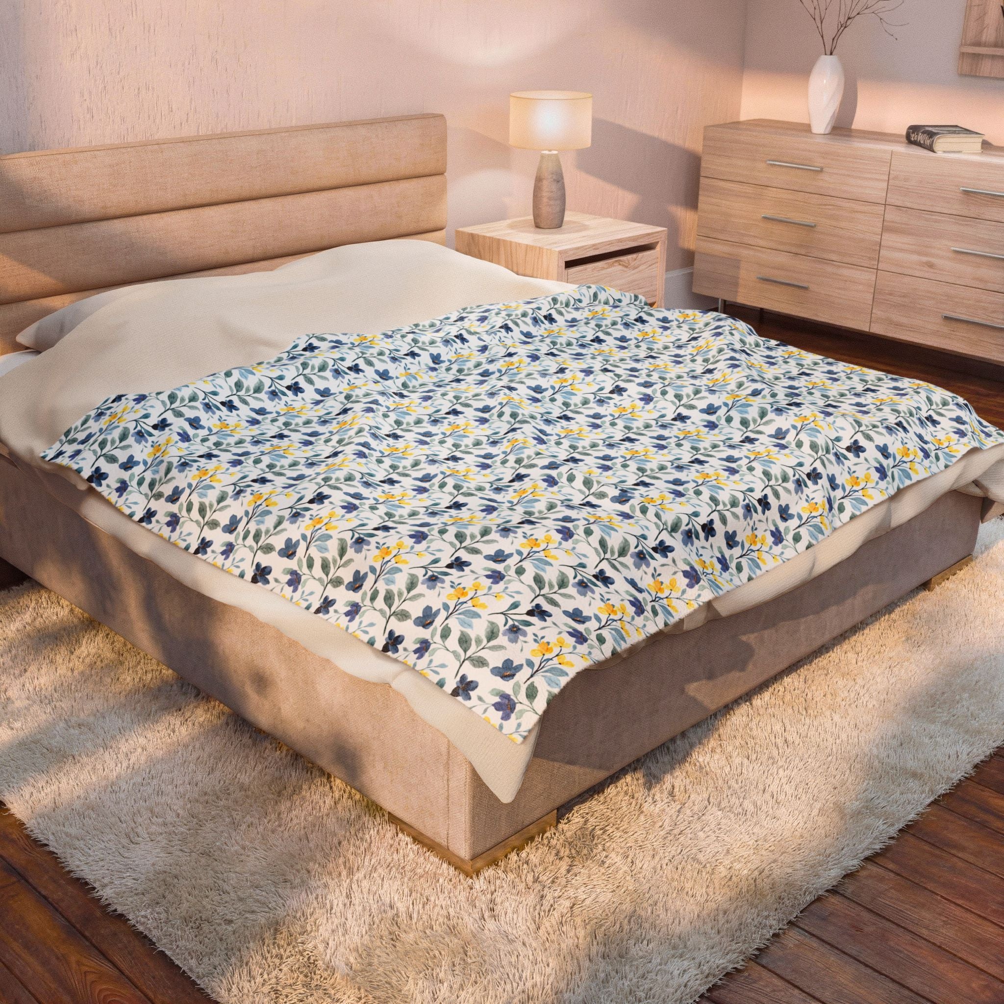 Floral Velveteen Plush Blanket — Blue & Yellow Botanical Throw