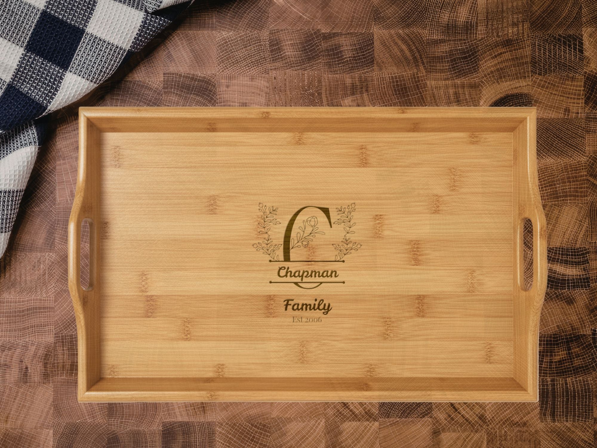 Personalized Engraved Bamboo Serving Tray -  Family Monogram